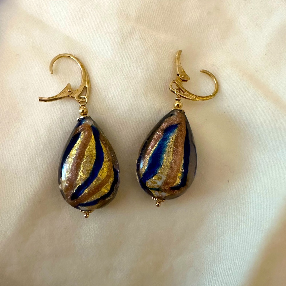 Ross-Simons Italian Murano Glass Bead Teardrop Blue & Gold Necklace Earrings 18k - Picture 5 of 7